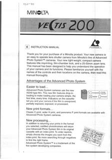 Minolta Vectis 200 manual. Camera Instructions.